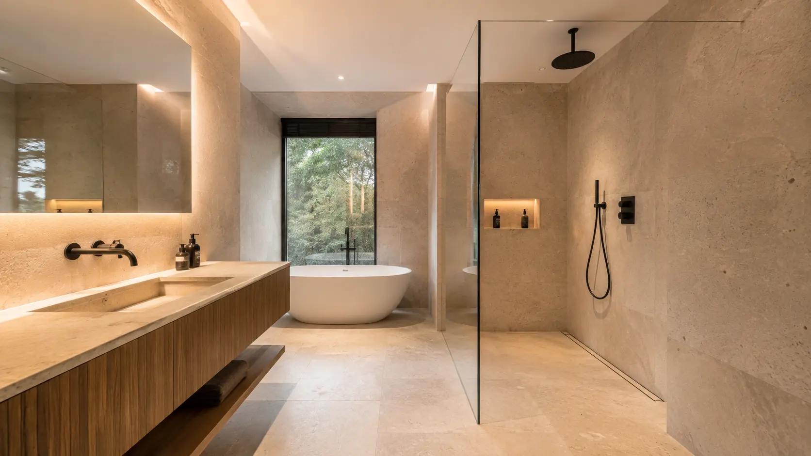 Hochwertig saniertes Badezimmer mit Naturstein und schwarzer Armatur